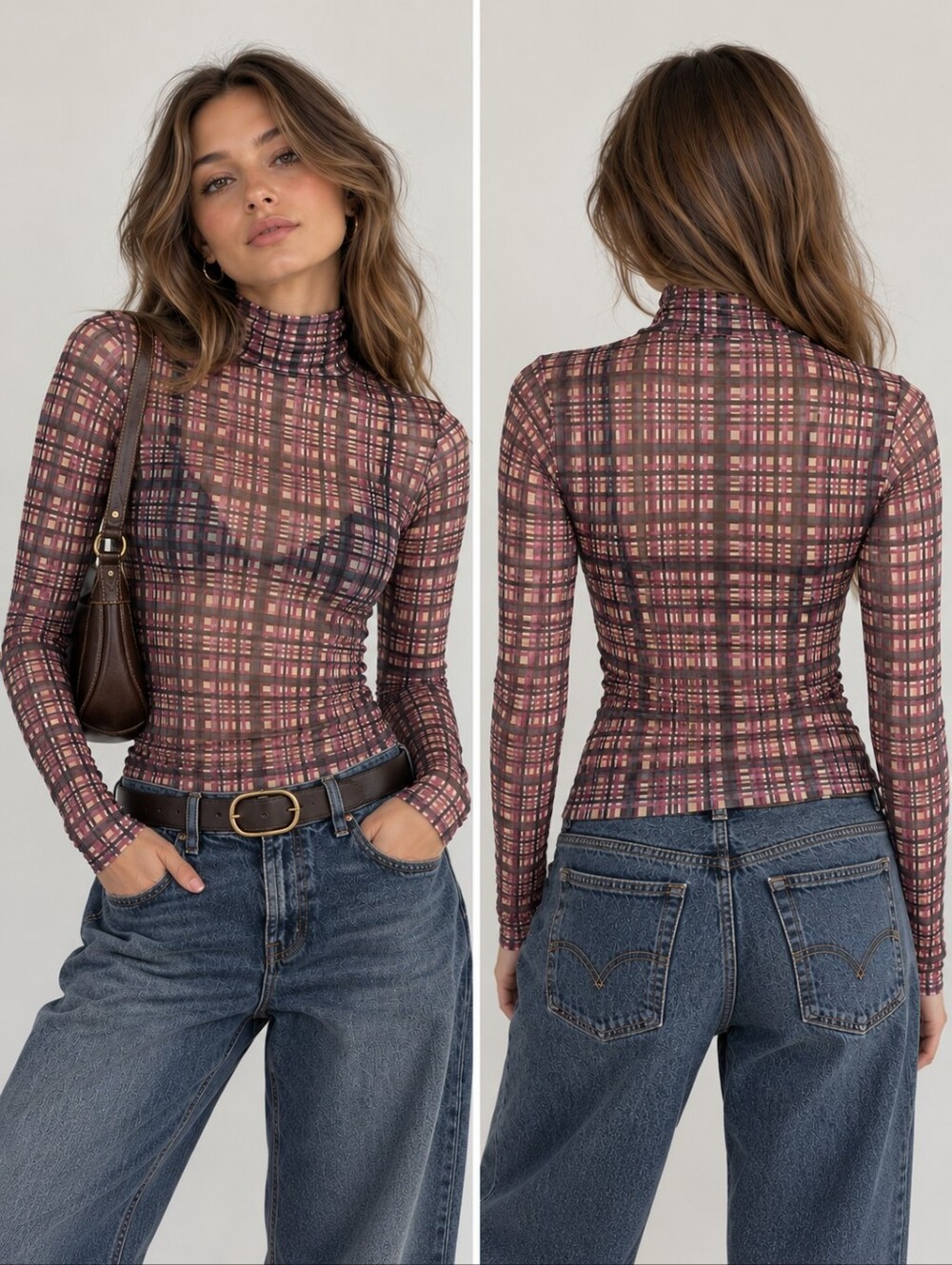 NWT ATOIR Lara Worthington Sheer Plaid Mock Neck Mesh Top M Y2K Quiet Luxury